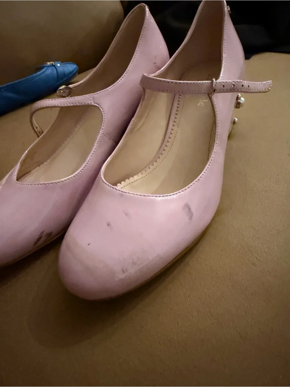 kate spade Pink Patent Mary Jane Heels with Pearl-Embellished Block Heel **poor